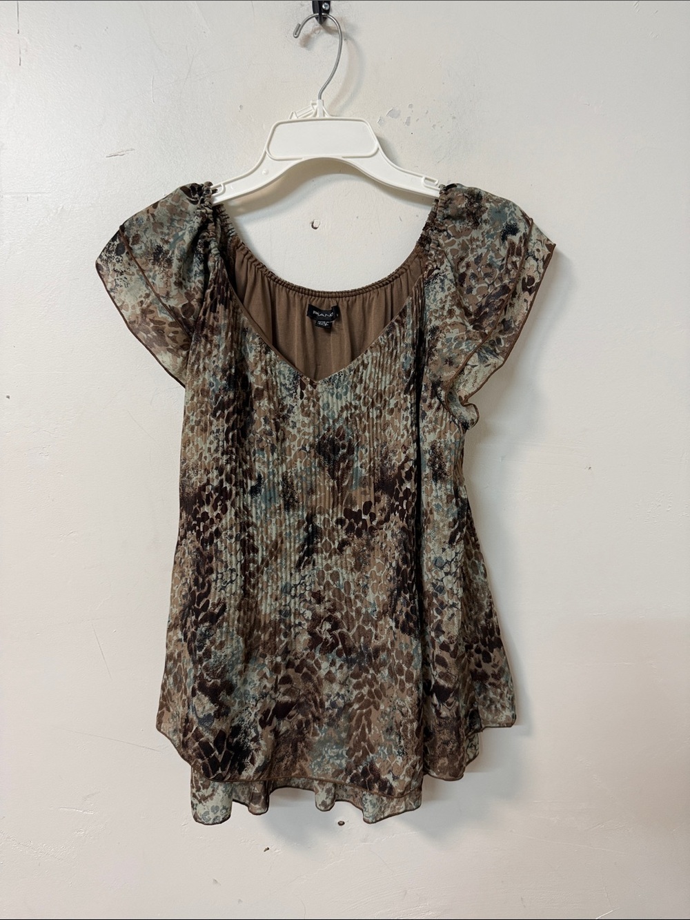 Flutter-Sleeve V-Neck Blouse in Brown and Olive